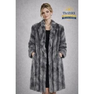 VINTAGE Avec Tu Faux Fur Coat Womens Large Gray Black Made USA Retro Glam Luxury